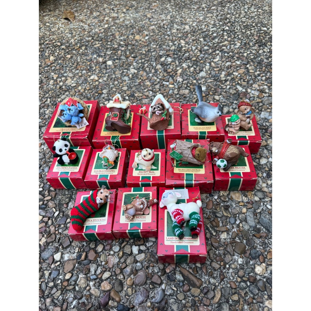 Lot of 13 Vintage Hallmark Keepsake Handcrafted Christmas Ornaments Animal Boxed